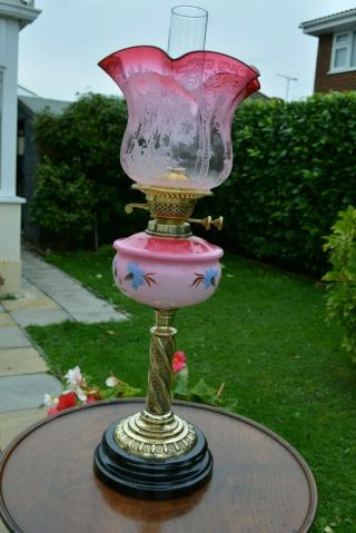 Victorian Twin Burner Oil Lamp.  Pink Floral Font