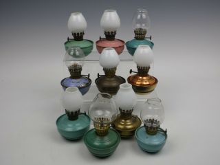 10 X Vintage Enamel & Brass,  Nursery,  Kelly,  Pixie,  Miniature Oil Lamp Glass Shade