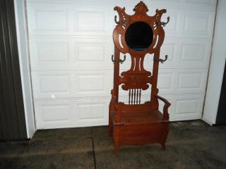 Victorian Antique Oak Mirror Back Hall Tree Chair With Lift Bench Seat