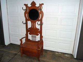 VICTORIAN ANTIQUE OAK MIRROR BACK HALL TREE CHAIR WITH LIFT BENCH SEAT 2