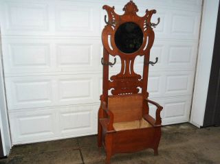 VICTORIAN ANTIQUE OAK MIRROR BACK HALL TREE CHAIR WITH LIFT BENCH SEAT 3