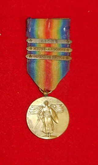 U.  S.  Ww1 Victory Medal With 3 Bars - Aisne,  Meuse - Argonne,  Defensive Sector