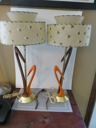 Vintage Mcm Teak ? And Orange Table Lamps And Shades Very Cool 26 Inches High