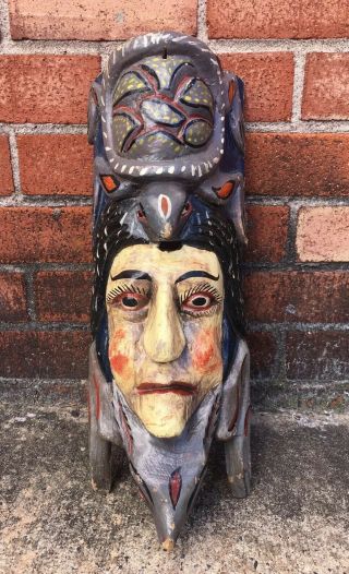 Old Native South American Mexico Wood Carved Effigy Face Mask Rabbit Turtle