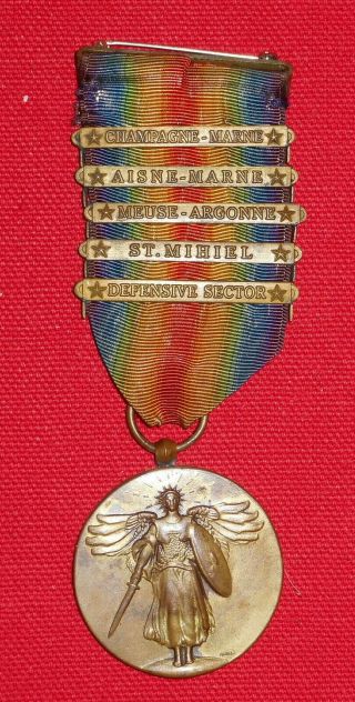 U.  S.  Ww1 Victory Medal With 5 Bars
