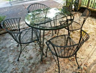 Antique Vintage Rare Woodard Pinecrest Quality Wrought Iron Table Chairs Black