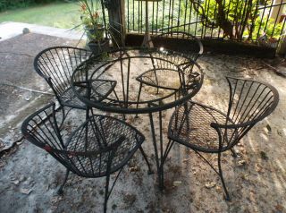 Antique Vintage Rare Woodard Pinecrest Quality Wrought Iron Table Chairs Black 3