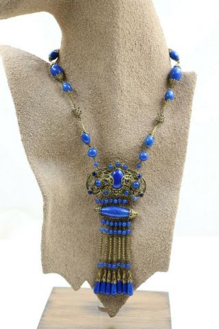 Vintage Art Deco Czech Austria Brass Filigree & Blue Lapis Glass Bead Necklace