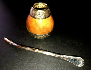 18k Gold & 800 Silver Straw Bombilla Mate Gourd Argentina Industries Alpaca Rare