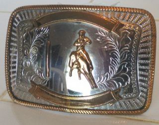Vintage Nickel Silver Western Belt Buckle Bronc & Rider 2 Ribbon No Engraving