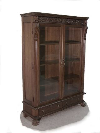 Tall Carved Mahogany Bookcase / Display Glass Doors.  " Wow "