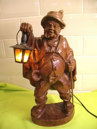 Old Vintage Mid Century Hand Carved German Jovial Alpine Man Black Forest Lamp