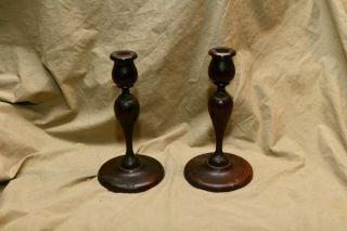 Antique 9 " Turned Wood Candlestick Pair For 7/8 " Candle Treenware Lighting