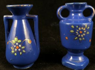 Vtg Pair (2) Ceramic Occupied Japan Miniature Vases Blue Flower Floral Design
