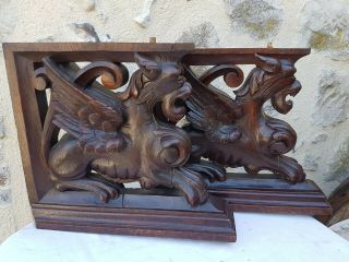 Antique French: Pedestals / Statues In Solid Oak,  19th,  Carved /griffins