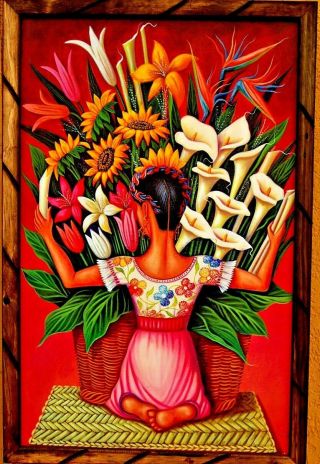 Art Wood Frame Print/painting Mexico Diego Rivera Vendedora Flores 17 " X13 " Large