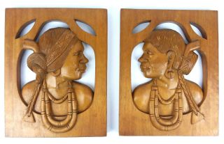 Carved Wood African Tribal Woman Wall Plaque Art Solid Wood Set Of 2 8.  5 X 11