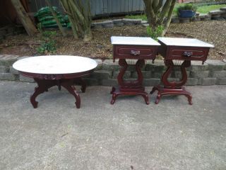 Two Victorian Mahogany Marble Top Lyre Carved Roses End Tables & Coffee Table