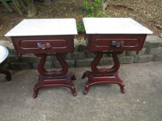 Two Victorian Mahogany Marble Top Lyre Carved ROSES End Tables & Coffee Table 3
