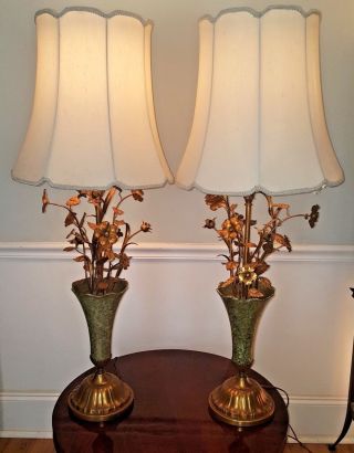 Huge Vintage Pair Italian Gold Gilt Tole Flowers Table Lamps