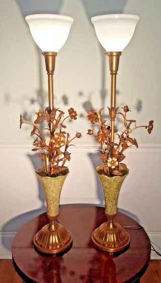 HUGE Vintage Pair Italian Gold Gilt Tole Flowers Table Lamps 2