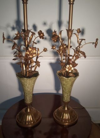 HUGE Vintage Pair Italian Gold Gilt Tole Flowers Table Lamps 3