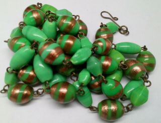 Deco Vintage Venetian Aventurine & Jade Green Glass Bead Necklace Flapper Length