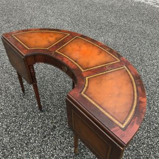 vintage KITTINGER demi lune mahogany desk with leather top and drop leaves 2