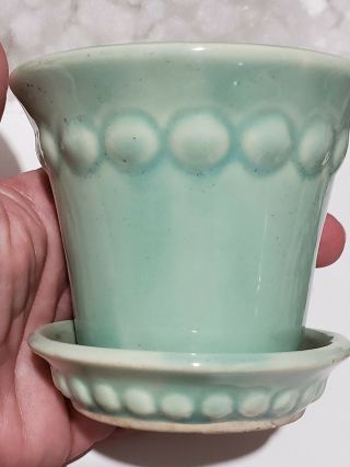 Small Green Flower Pot W/ Saucer Vtg Usa Pottery Ceramic Succulent Planter