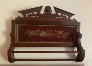 Victorian Walnut Wall Towel Rack With Framed Embroidery / Tapestry - Circa 1890