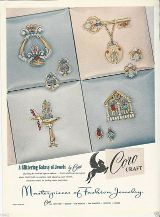 1946 Coro Craft Rhinestone Pins Brooches Earrings Vintage Costume Jewelry Ad