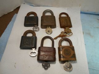 Six Antique Vintage Padlocks W/keys Brass,  Steel,  Bronze