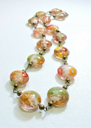 Vintage Peach Color Millefiori Lampwork Art Glass Bead Necklace De19125