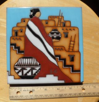 Tile Trivet Sw Native Woman With Blanket.  6x6,  Signed Tu - Oti.  Earthtones.  Usa