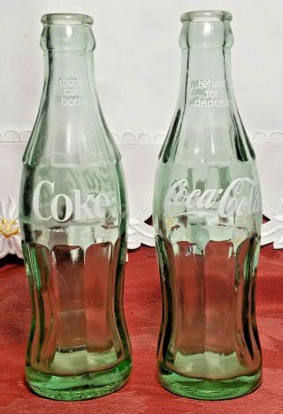 Two Vintage Coke Green Glass 6 1/2 Oz.  Money Back Bottles Bold And Script Print