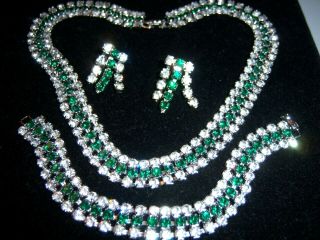 Vtg Juliana Style Emerald Green Clear Rhinestone Necklace Bracelet Earring Set