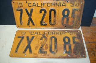 Vintage California 1934 License Plate Set Pair