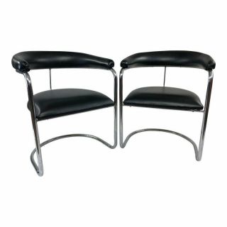 Mid Century Modern Chair Pair Lorenz For Thonet Chrome Barrel Black Vintage Mcm