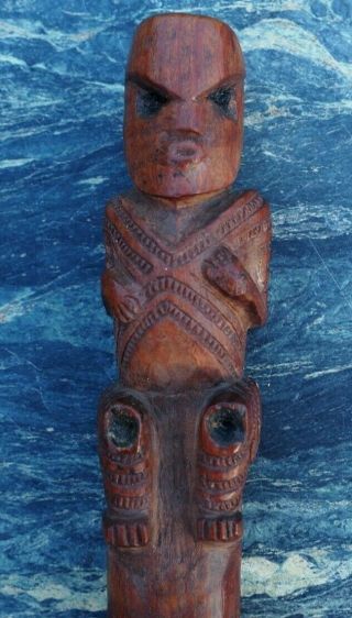 Old Zealand Antique Polynesian Maori Wooden Stick Staff Club W Tiki Figure