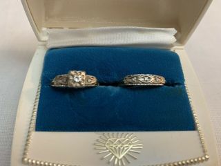 Vintage 14k White Gold Diamond Engagement & Wedding Ring Set Size 5