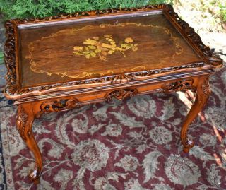 1910s Antique French Walnut And Satinwood Inlay Coffee Table With Glass Tray