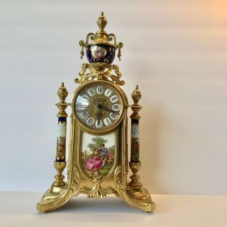 Vintage Ornate Imperial Mantle Fragonard Clock Cobalt Porcelain 24k Gold Accent