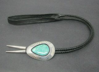 Vintage Navajo Tommy Jackson Turquoise Sterling Silver Bolo Tie Black Leather