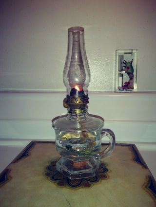 Antique Little Jewel Glass Miniature Oil Lamp / Germany Chimney
