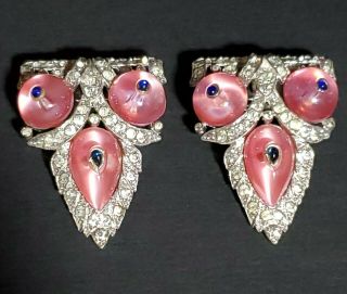 Vintage Signed Crown Trifari Pair Fur Clips Pink Glass Shoe Button Rhinestone