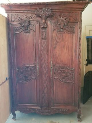 Antique French Armoire Wardrobe Closet Recessed Panels Carved Wood