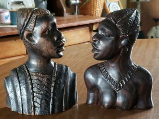 Vintage Ebony Hand Carved Wooden African Tribal Man Woman Head Busts
