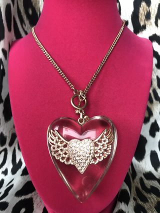 Betsey Johnson Vintage Huge Clear Lucite Winged Puffy Heart Rose Gold Necklace