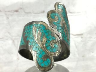 Vtg Old Tasco Mexico Sterling Silver Turquoise Inlay Hinged Clamper Bracelet 66g