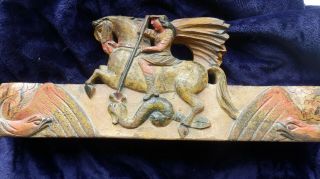 Large Antique Carved Wood,  Polychrome Mythical Representation Of George & Dragon